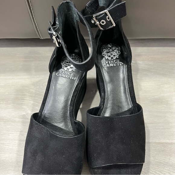 Vince Camuto Black Suede Heels Wedges Open Toe Ankle Strap 8.5 - Picture 8 of 10